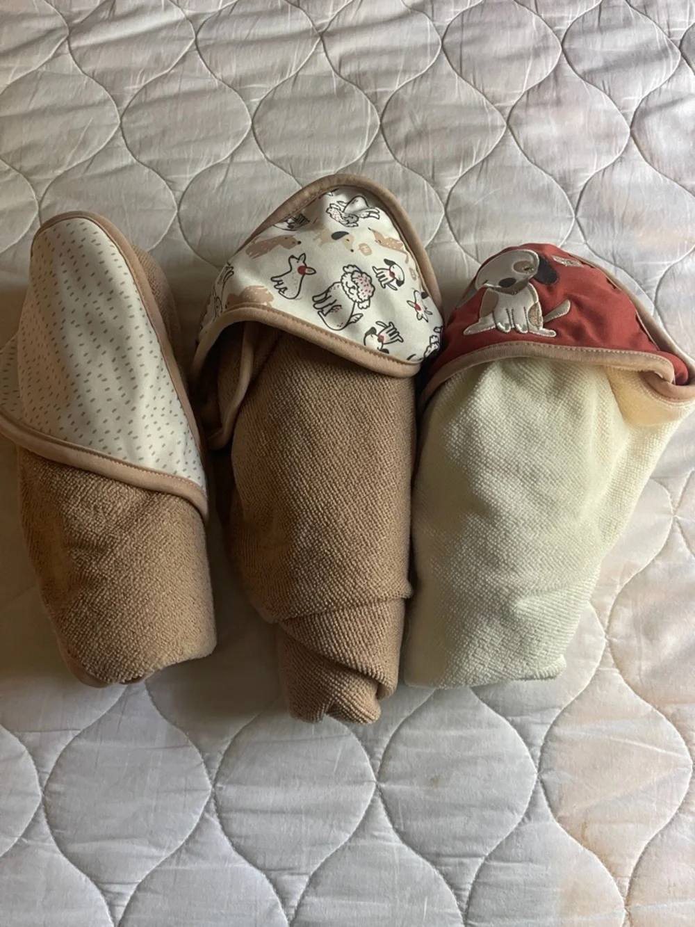 3 Baby Hooded Towels Dog Puppy Print Neutral Beige Cream Bath Towel Lot